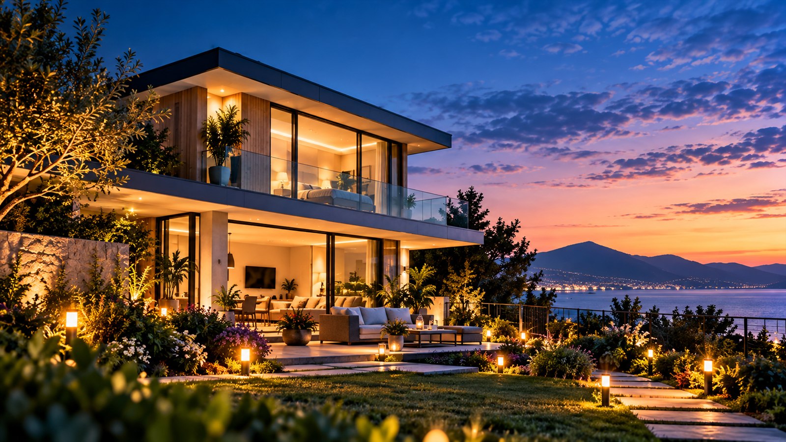 Casa moderna iluminada al atardecer, rodeada de jardín y montañas.
