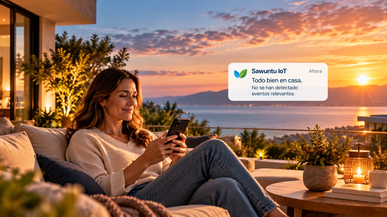 Persona relajada consultando su teléfono en casa al atardecer.